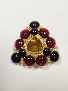 Gold-Tone Red & Amber Cabochon Triangle Brooch